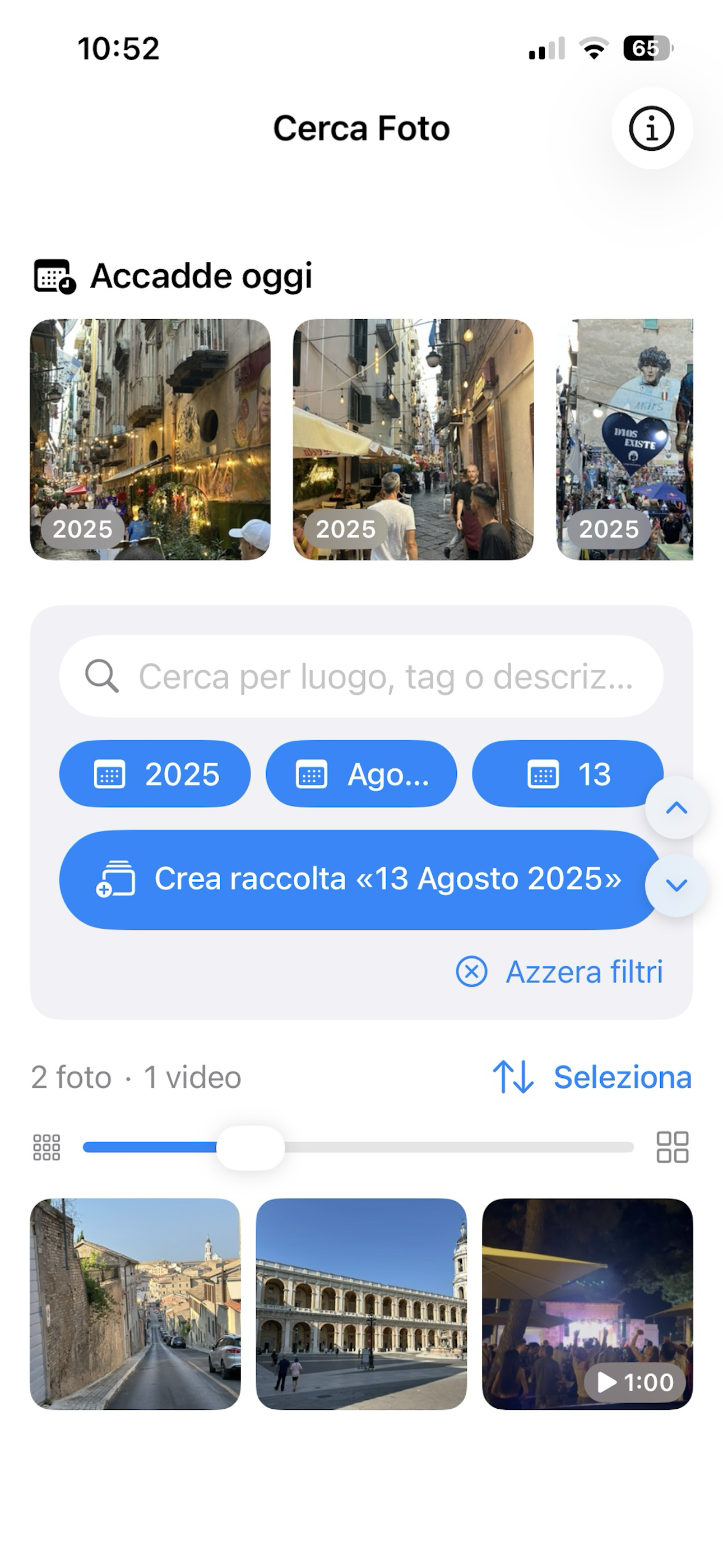 Schermata pricipale con i filtri per ricercare foto